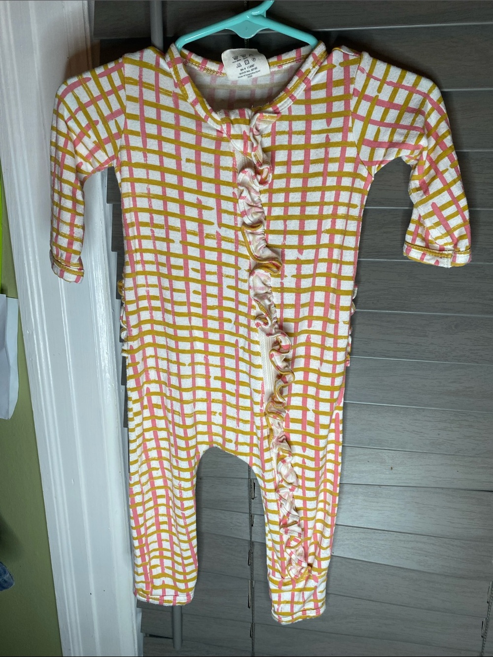 Baby Ruffle-Front Plaid Footie One-Piece in Pink & Yellow